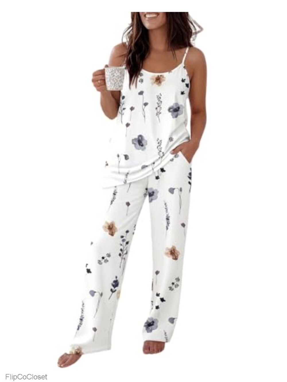 Women 2 Piece Pajama Set Adjustable Strap Cami Tank Loose Lounge Pants
